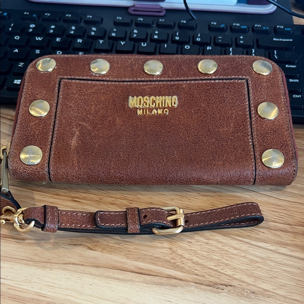 Moschino Brown Distressed Leather Studded Wristlet